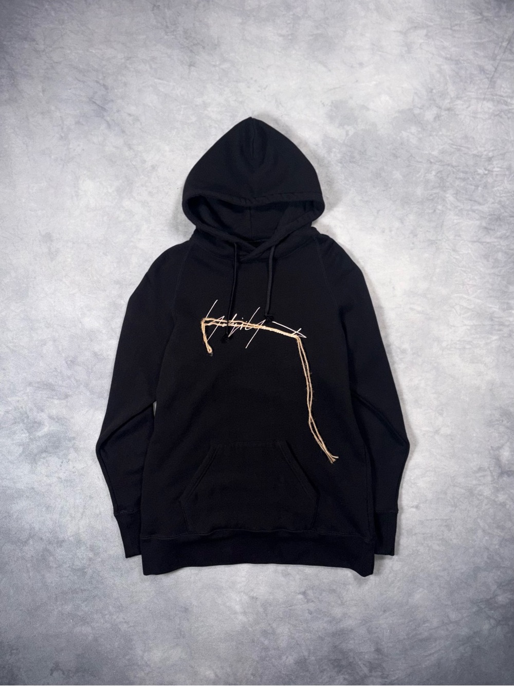 Yohji Yamamoto SS17 Archive Signature Logo Distressed Thread Hoodie